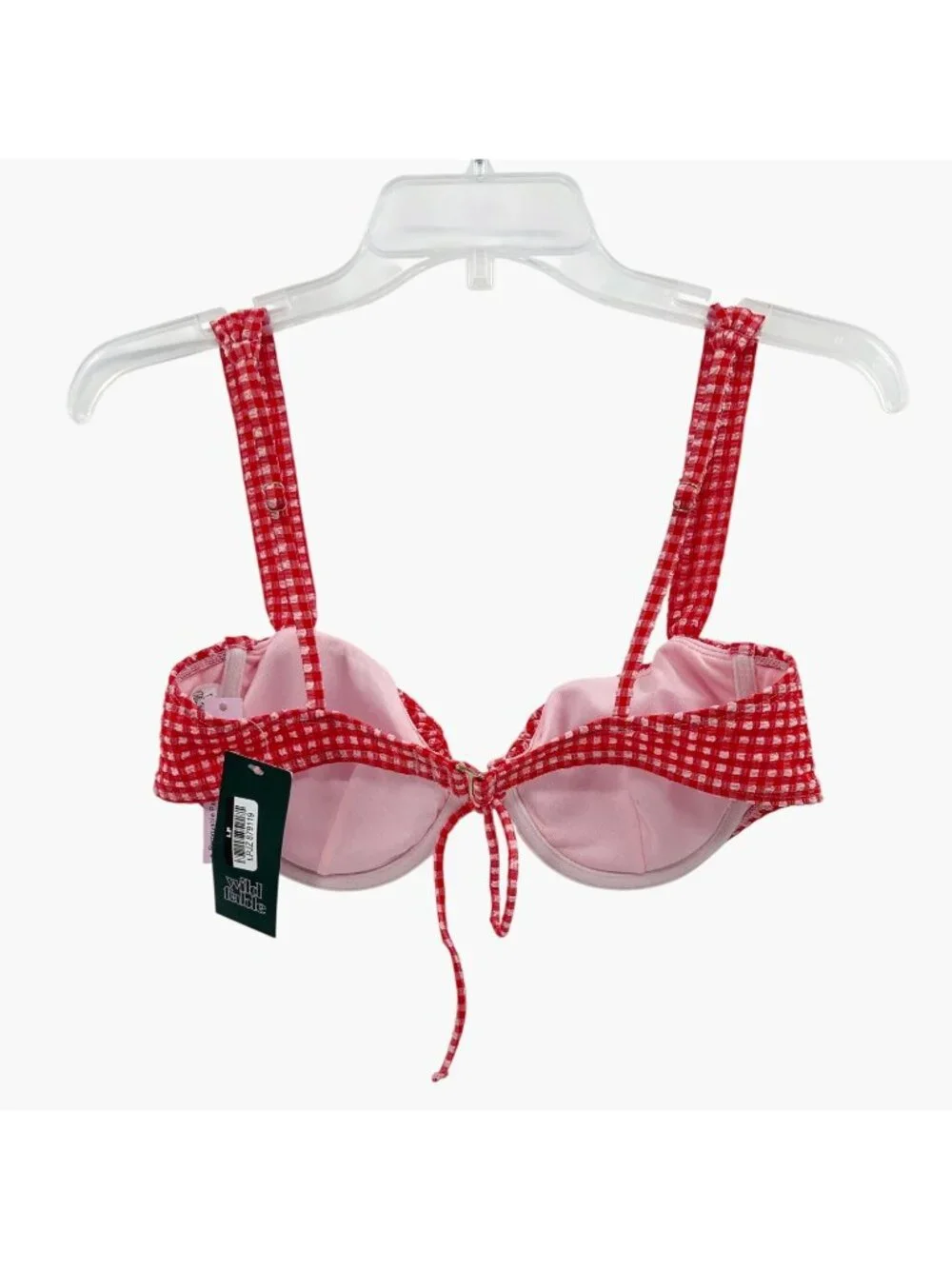 NEW Wild Fable Gingham Seersucker Center Tie Underwire Bikini Top - Red/Pink - M